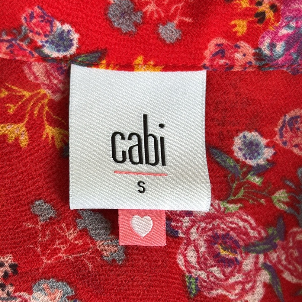 CAbi red floral sleeveless ruffle trim sheer fabric blouse size small - Picture 9 of 11